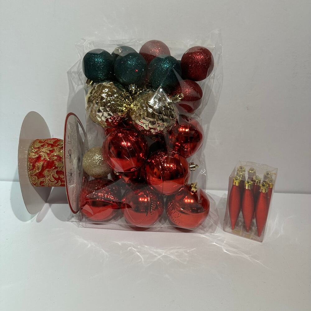 Christmas Ornaments Lot of 34 Plus Ribbon Red Gold Green Balls Glitter Shiny